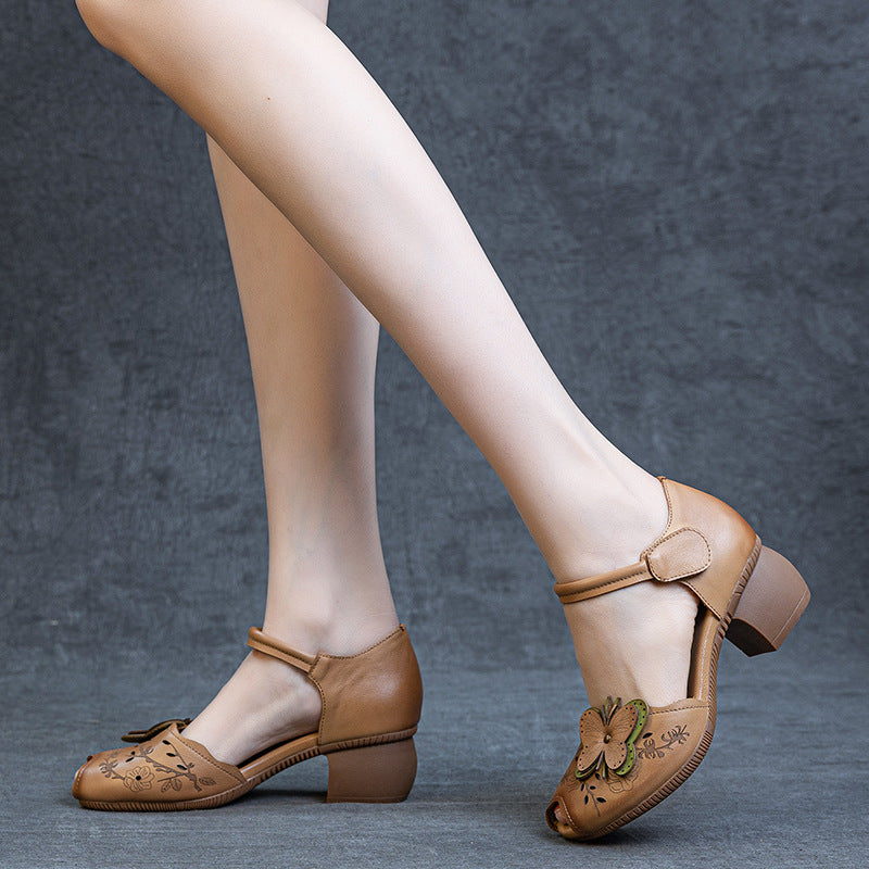 Women's Summer Chunky Peep Toe First Layer Cowhide Cotton Heels