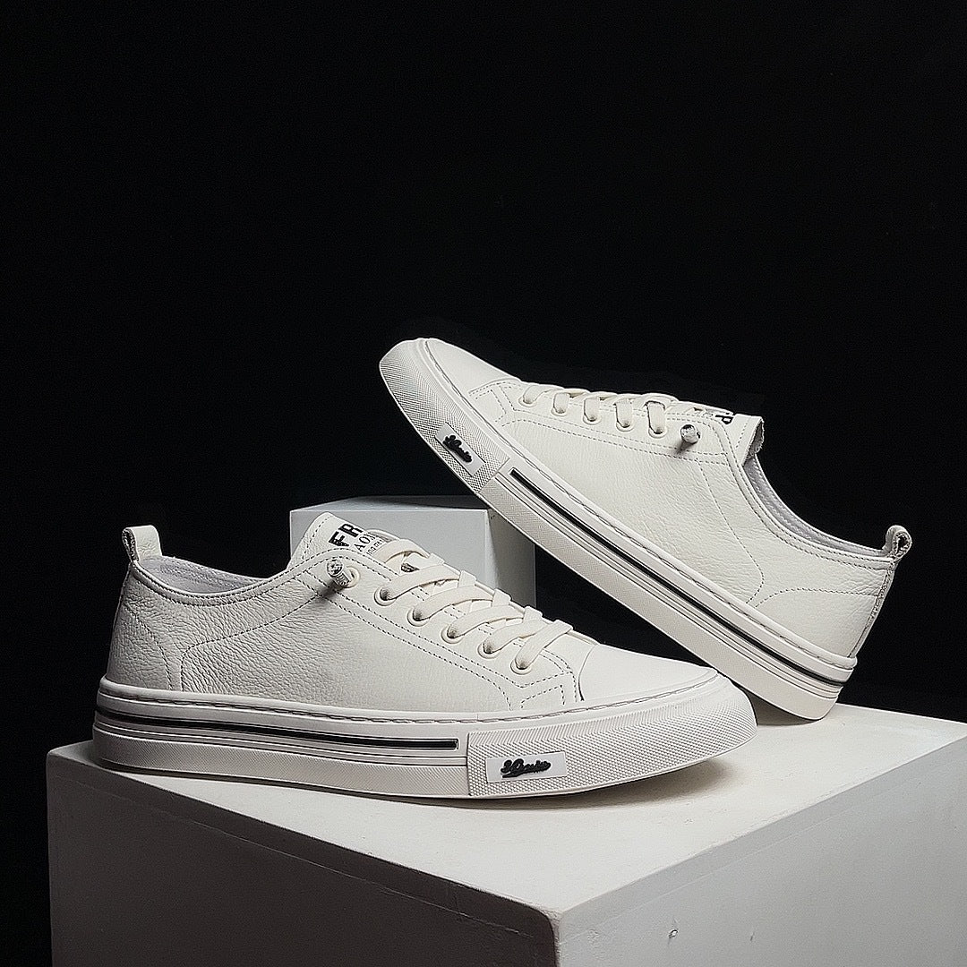 Men's Boys White Top Layer Cowhide Board Flat Sneakers