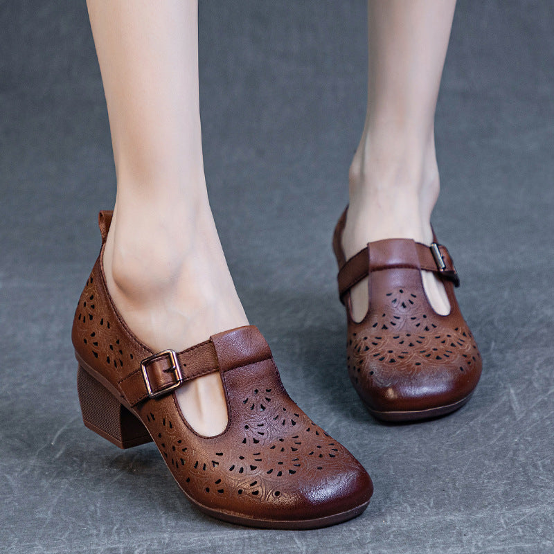 Women's Bottom First Layer Cowhide Punch-hole Round Heels