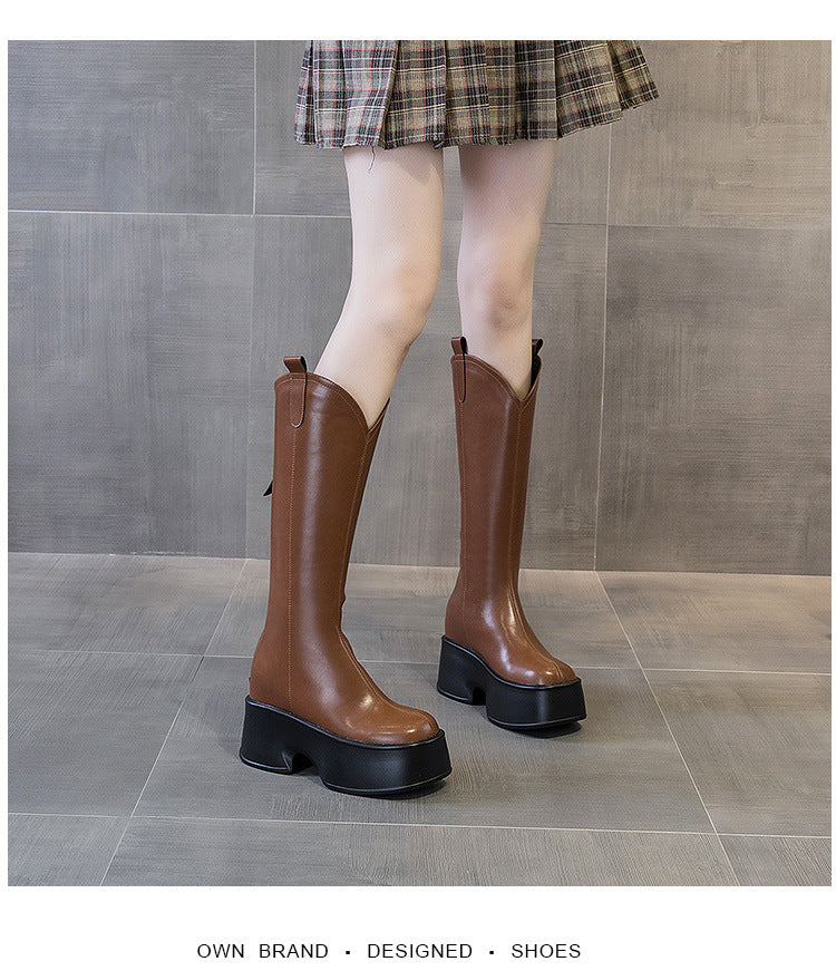 Women's Long Tube Below The Knee British Style Square Toe Boots