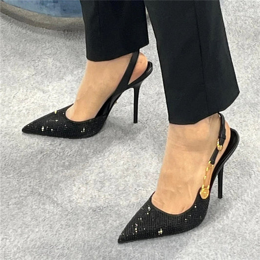 Women's Summer Pointed Toe Black Crystal Pin Badge High Heels