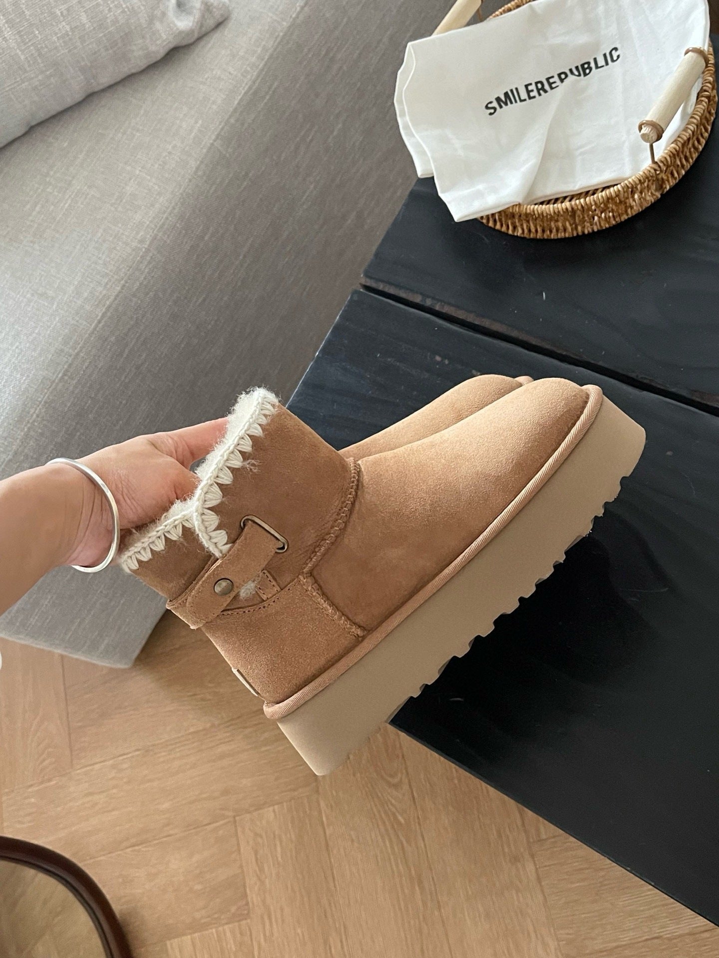 Winter Thick-soled Wool Woven Side Belt Snow Boots