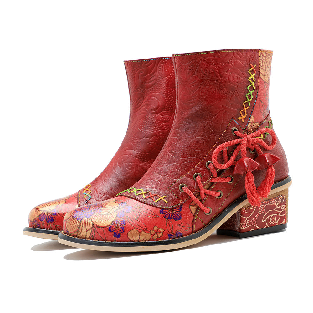 Women's Hand-rub Color Genuine Stitching Printing Straps Boots