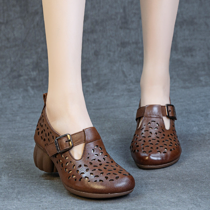 Women's Soft Bottom Punching Top Layer Cowhide Round Heels