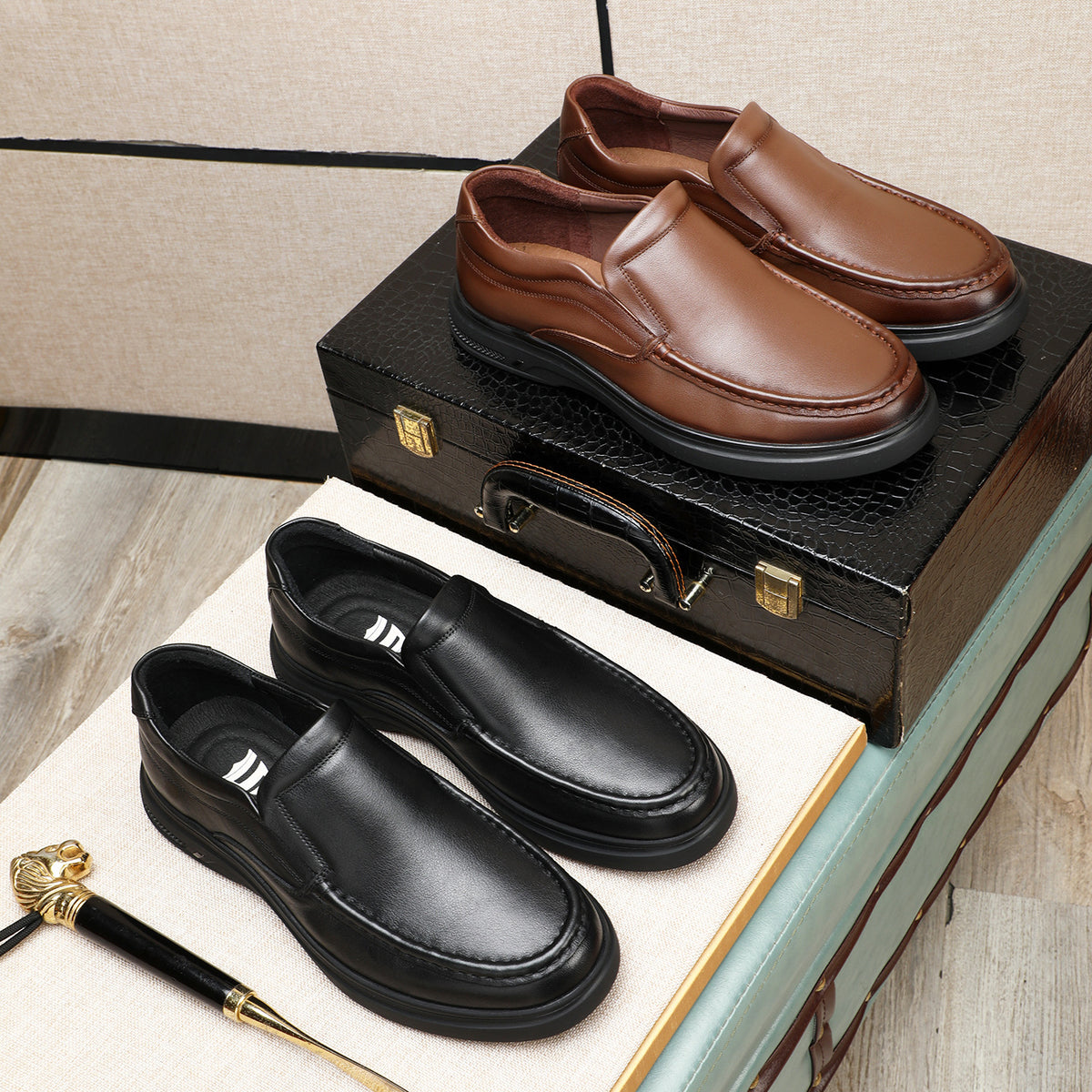 Men's Large Size Spring Slip-on Comfortable Flat Leather Shoes