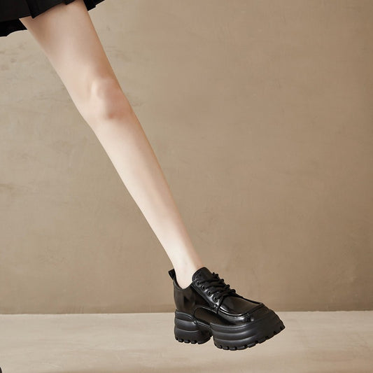 Women's Genuine Elevator Spring Muffin Platform British Leather Shoes