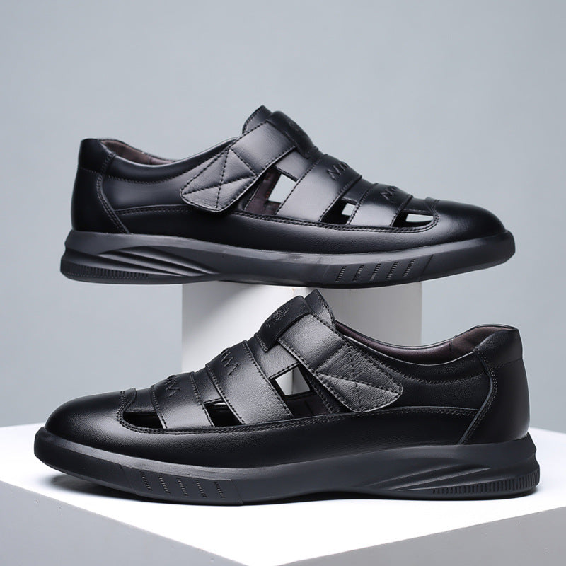 Men's Korean Trendy Hole Summer Black Velcro Sandals