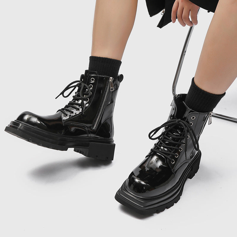 Men's Autumn Front Side Zipper Black Bright Boots