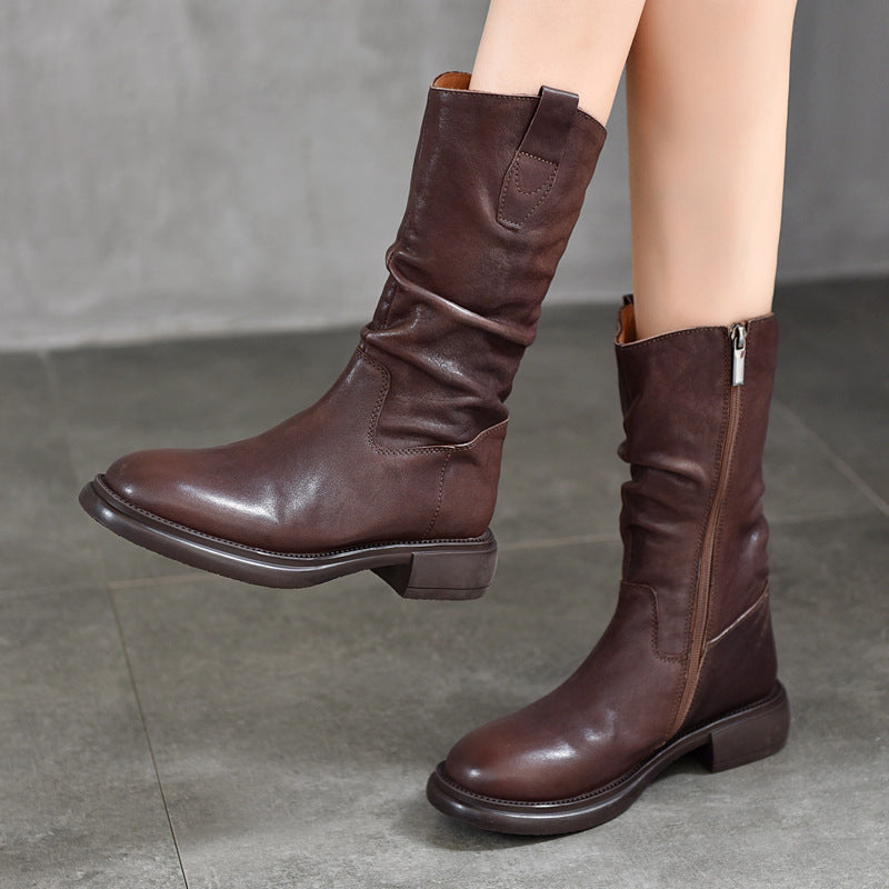 Women's Tanned Cowhide Mid Side Zipper Round Boots