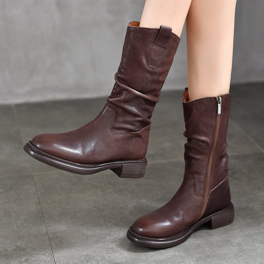 Women's Tanned Cowhide Mid Side Zipper Round Boots