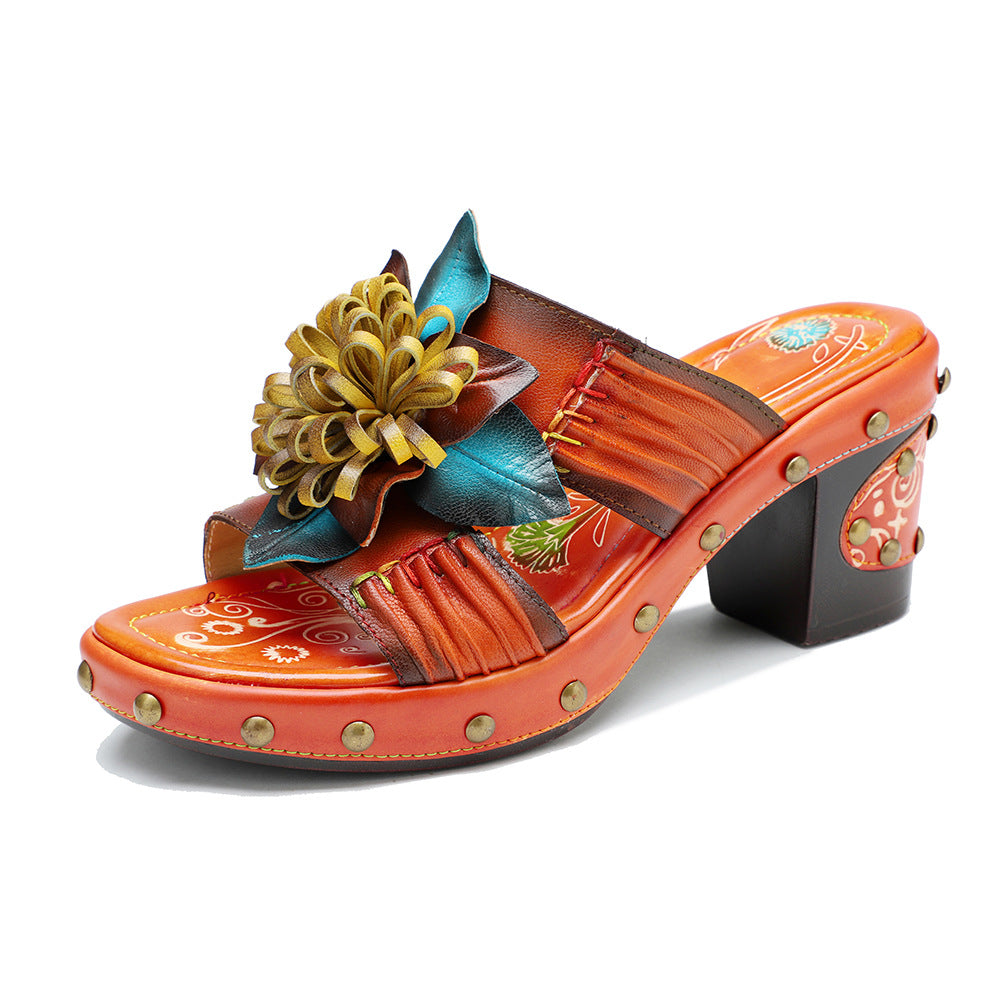 Genuine Retro Hand-rub Color Pleated Three-dimensional Heels