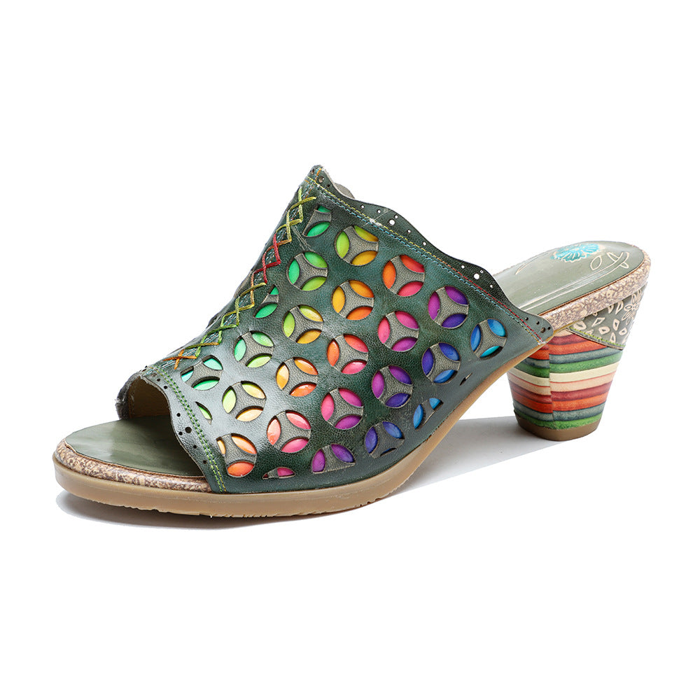 Handmade Genuine Brushed Retro Colorful Hollow Sandals