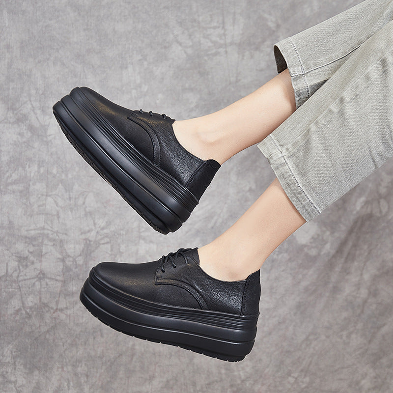 Women's Cowhide Platform White Round Head Pumps Lace Casual Shoes