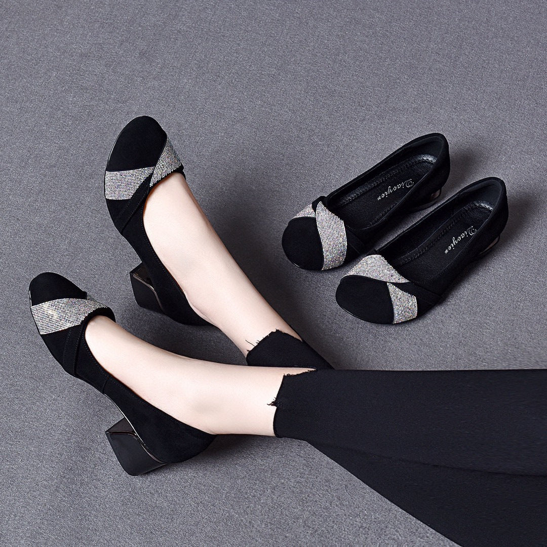 Women's Rhinestone Sheepskin Shallow Mouth Two Heights Loafers