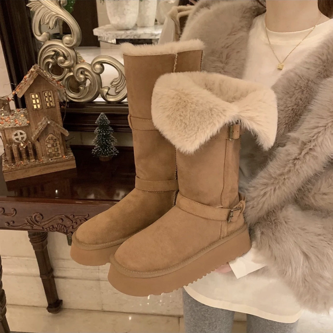 Women's Fleece-lined Thick Long Winter Wear Bottom Suede Snow Boots