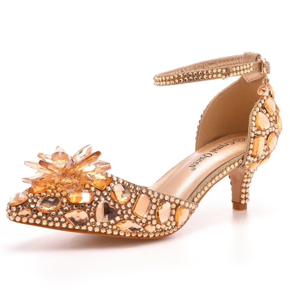 Women's Stiletto Pointed Glass Flower High Champagne Gold Heels