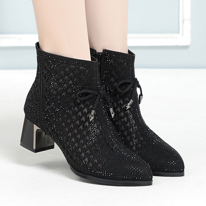 Women's Mesh Ankle Thick Single Rhinestone High Heels