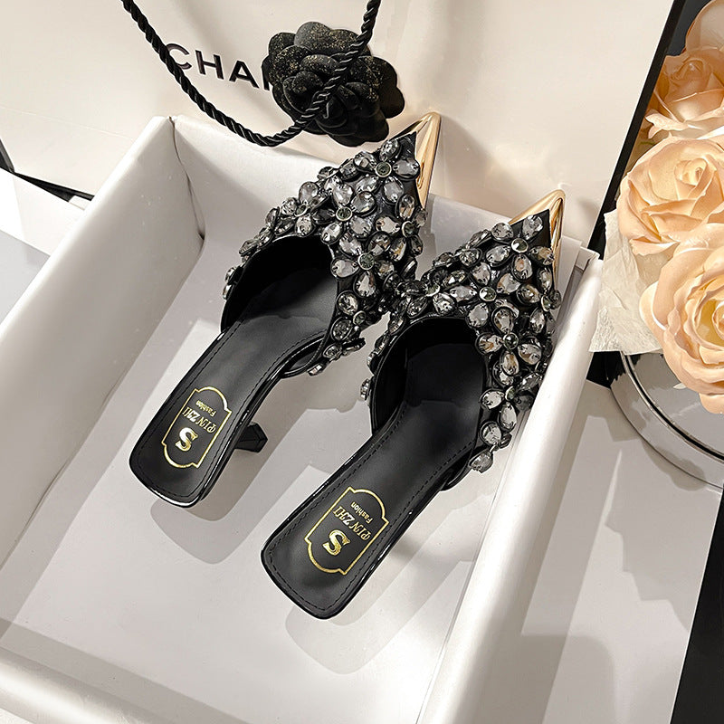 Women's Pointed Toe Cap Half High Fashionable Beaded Heels
