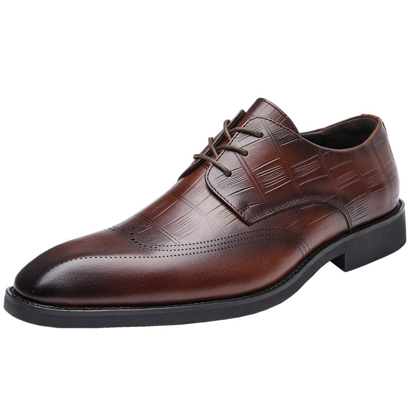 Men's Genuine Square Toe Brogue Derby First Layer Cowhide Business Leather Shoes