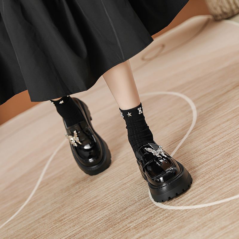 Women's Platform Height Increasing Slip-on Black Liquid Loafers