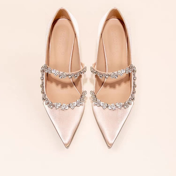 Women's Chain Champagne Stiletto Pointed Toe Rhinestone French Style Beautiful Pumps Heels