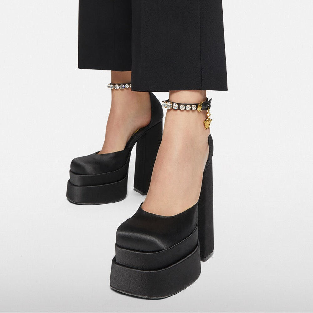 Viscose Super High Chunky Square Toe Double Layer Waterproof Heels
