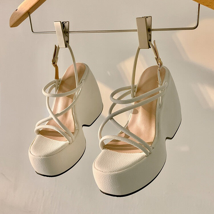 Round Toe Thin Strap Open Platform Sandals