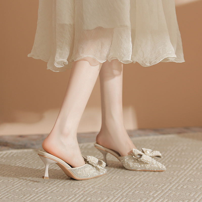 Women's Spring Pointed Toe Cap Rhinestone High Low-cut Heels