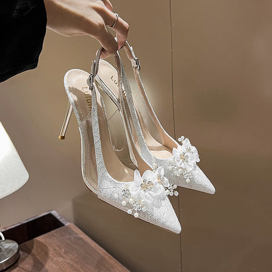 Women's Stiletto Pointed Toe Shallow Mouth Flower Rhinestone Heels