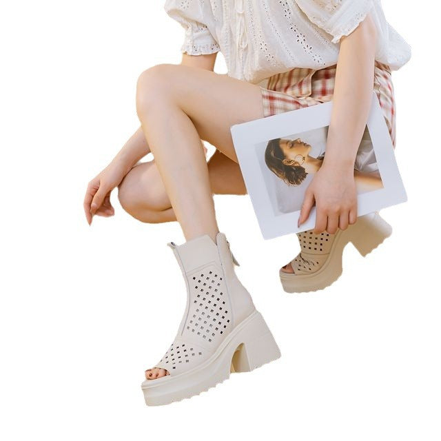 Women's Muffin Thick Bottom Hole Mesh High Sandals
