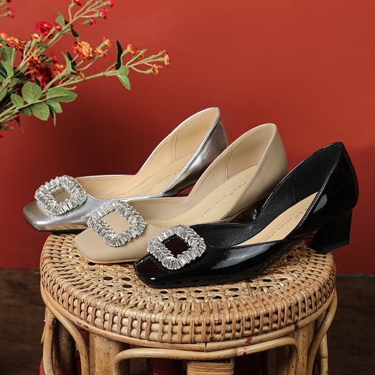 Square Buckle Patent High Female Toe Chunky Women's Shoes