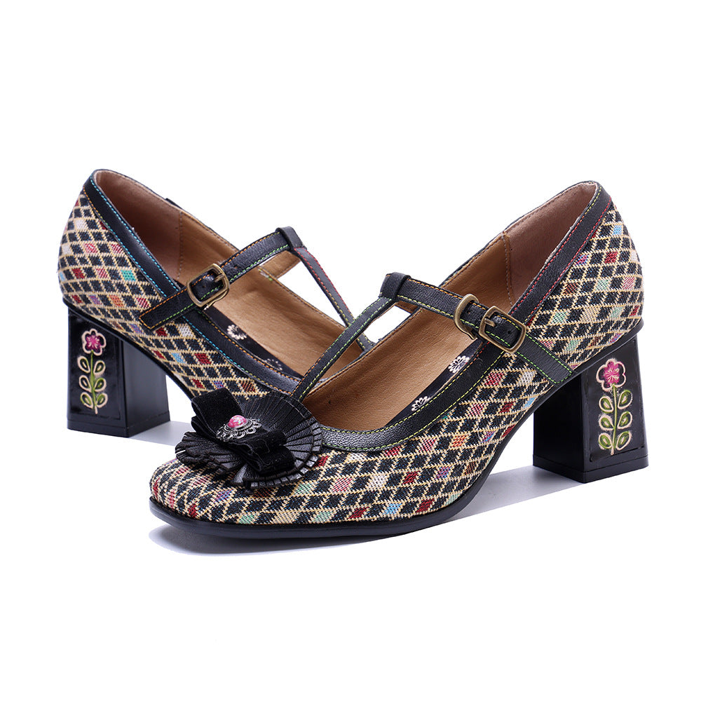 Women's Plaid Printed Three-dimensional Flower Mary Jane Women's Shoes