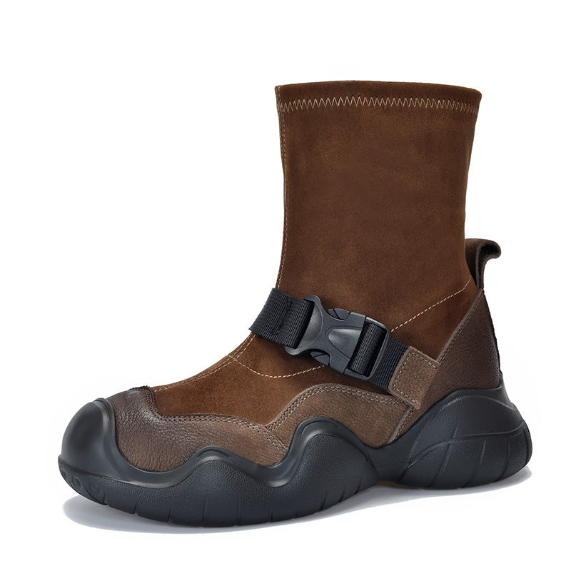 Riding First Layer Cowhide Retro Style Thick Bottom Boots