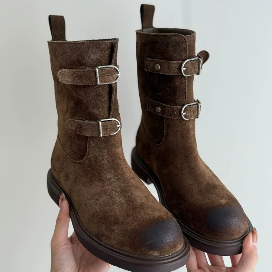 Women's Toe Belt Buckle Martin Chunky Western Boots