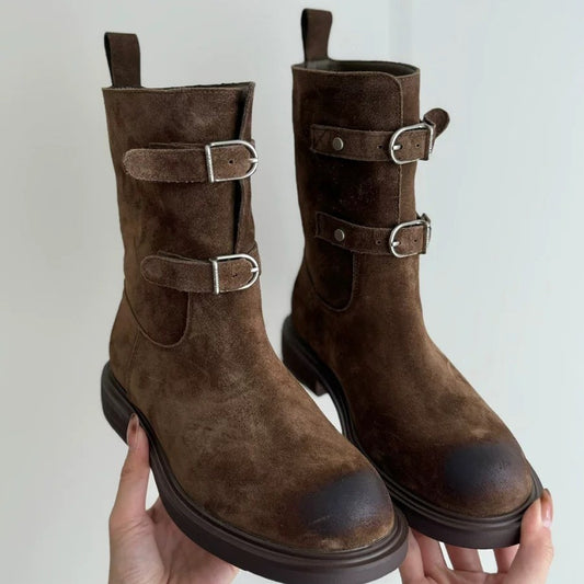 Women's Toe Belt Buckle Martin Chunky Western Boots
