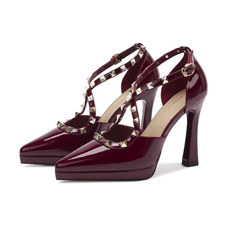Women's Cross Rivet Pointed Toe Stiletto High Waterproof Platform Heels