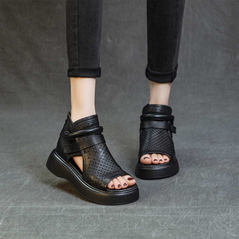 Women's Layer Cowhide Platform Muffin Breathable Retro Sandals