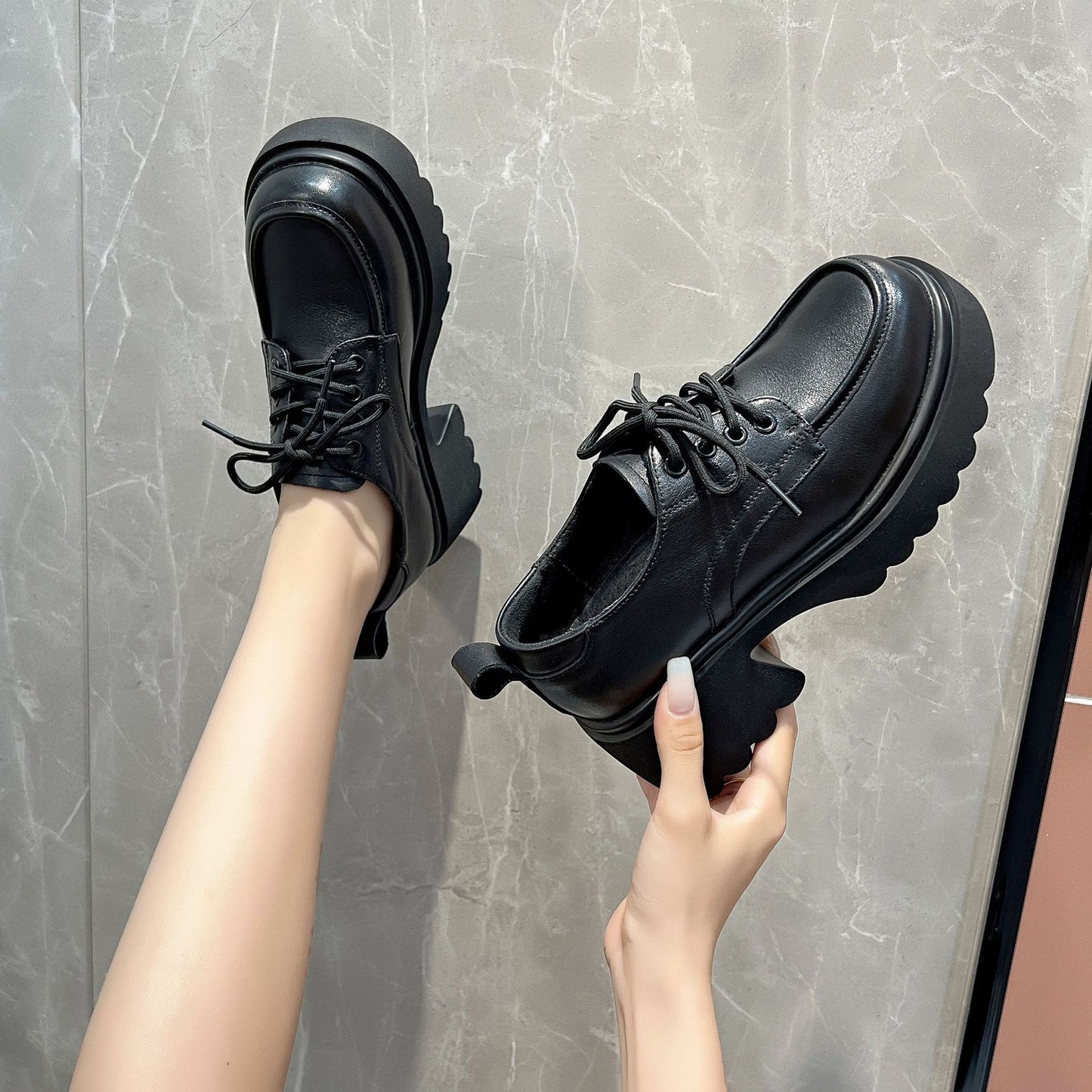 Women's British Style Chunky Platform First Layer Cowhide Loafers