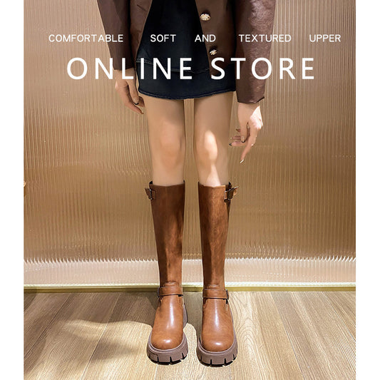 Women's Thick Bottom Height Brown British Style Boots