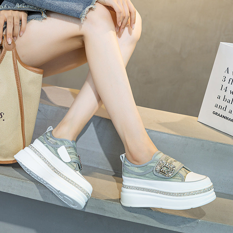 Women's Velcro Small White Autumn Thick Bottom Increased Rhinestone Board Women's Casual Shoes
