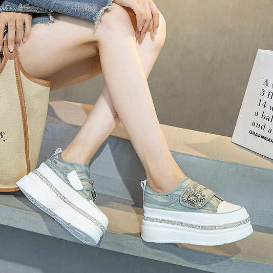 Women's Velcro Small White Autumn Thick Bottom Increased Rhinestone Board Women's Casual Shoes
