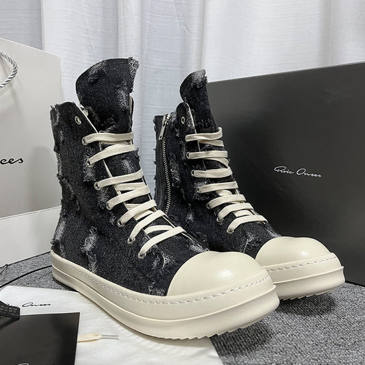 Women's & Men's Spring Ripped Denim Black White Milk Canvas Shoes