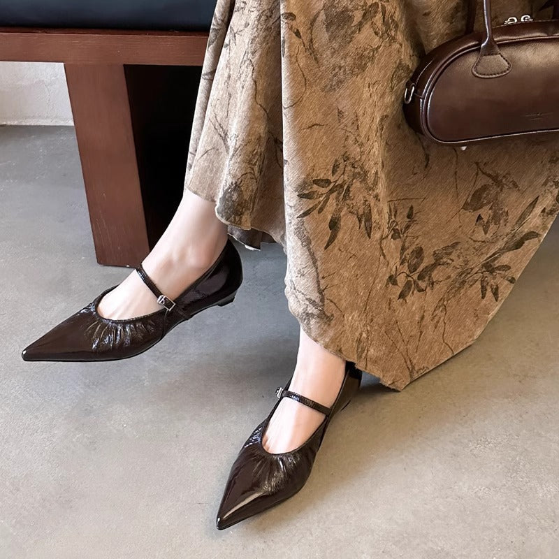 Women's Sheepskin Pointed Toe Mary Jane With Chunky Flat Shallow Women's Fashion Shoes