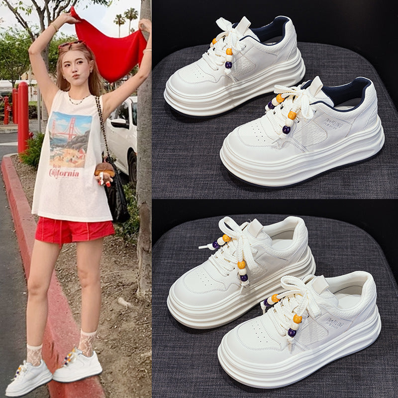 Women's White Autumn Round Toe Lace Up Height Casual Shoes