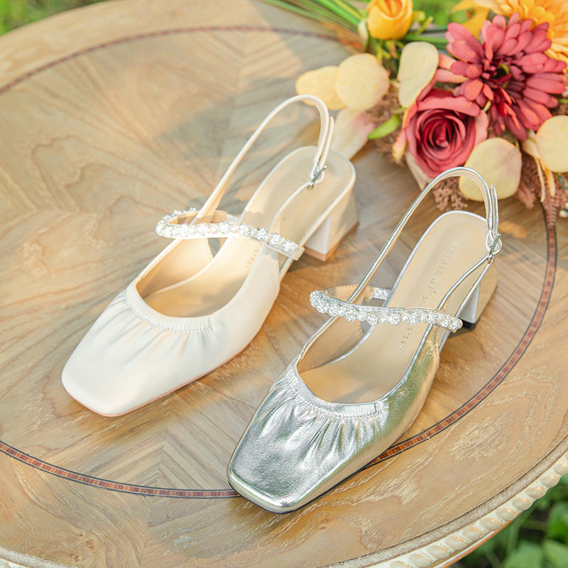 Women's Rhinestone Outer Wear With Chunky Square Toe Sheepskin Mid Heels