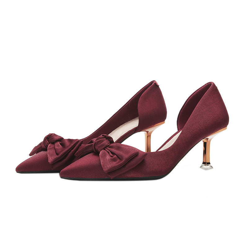 Women's Red Wedding Pointed Toe Stilettos Bow Shallow Heels