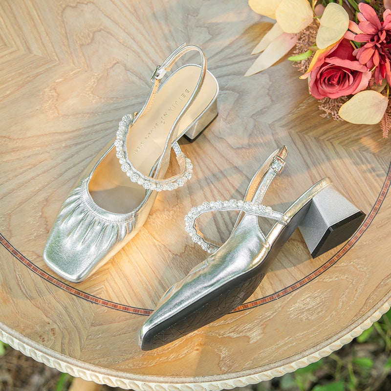 Women's Rhinestone Outer Wear With Chunky Square Toe Sheepskin Mid Heels