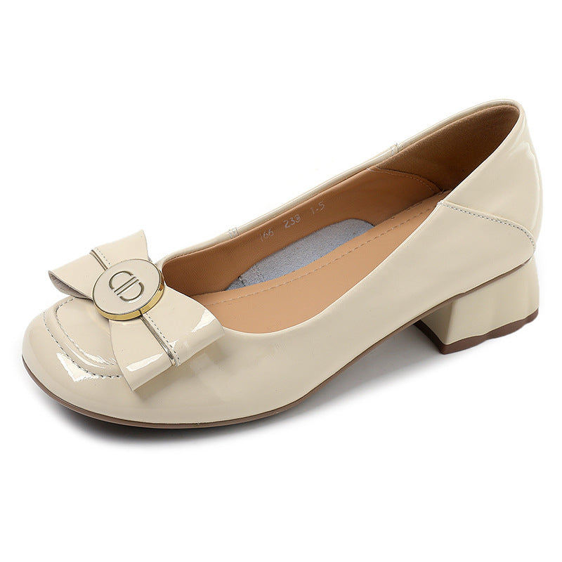 Women's Toe Shallow Mouth Mid Patent Cowhide Comfortable Loafers
