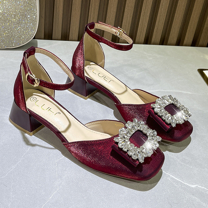 Women's Summer Retro Square Toe Chunky Mary Jane Small Heels