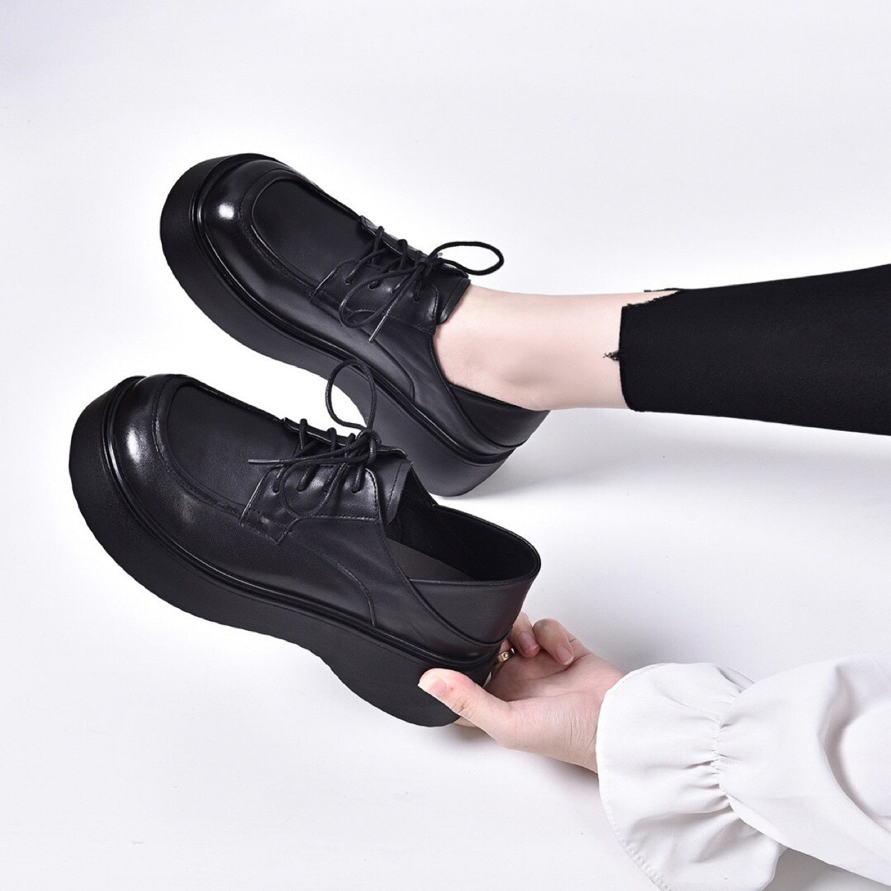 Women's Round Toe Big Head Black Genuine Casual Shoes